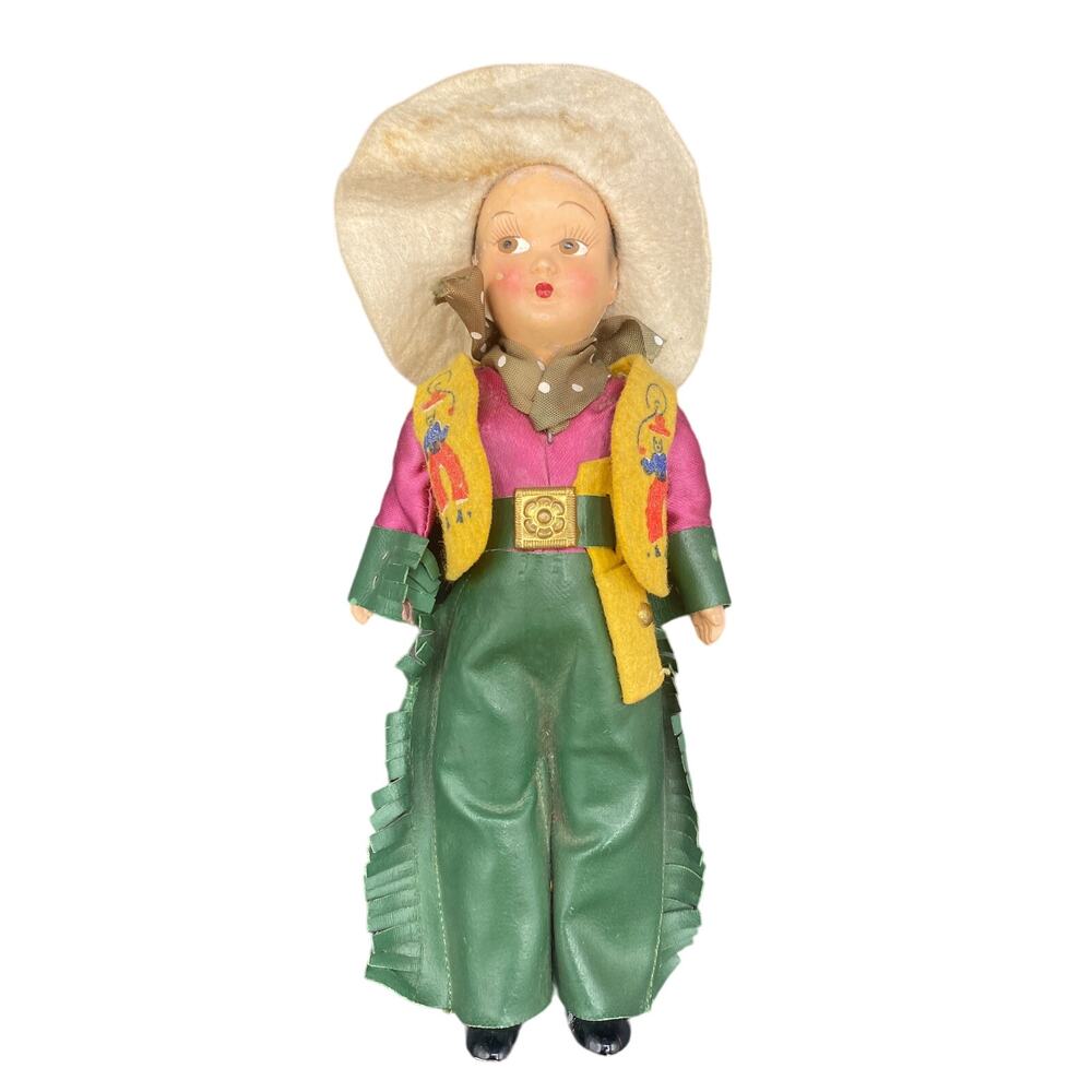 1960s Vtg Cowboy Doll Bisque Head Plastic Celluloid Moveable Arms Leather Chaps